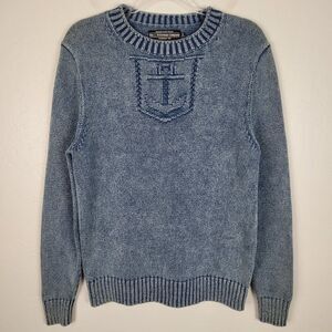 The J. Peterman Company Sweater Indigo Dyed Cotton Sailor Anchor Nautical Mens S